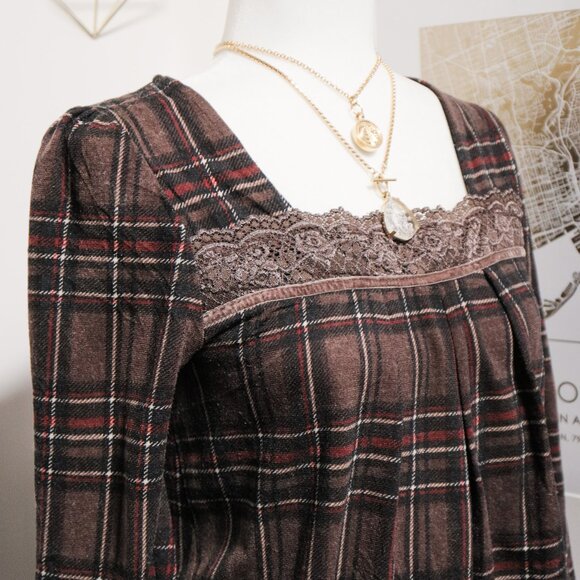 Brown Plaid Flannel Lace Trim Blouse 🍫 KLEIN+ - Picture 2 of 7